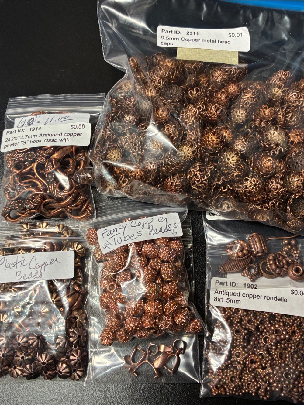 Mixed Antique Copper Bead Lot - Assorted Decorative Beads and S clasps findings